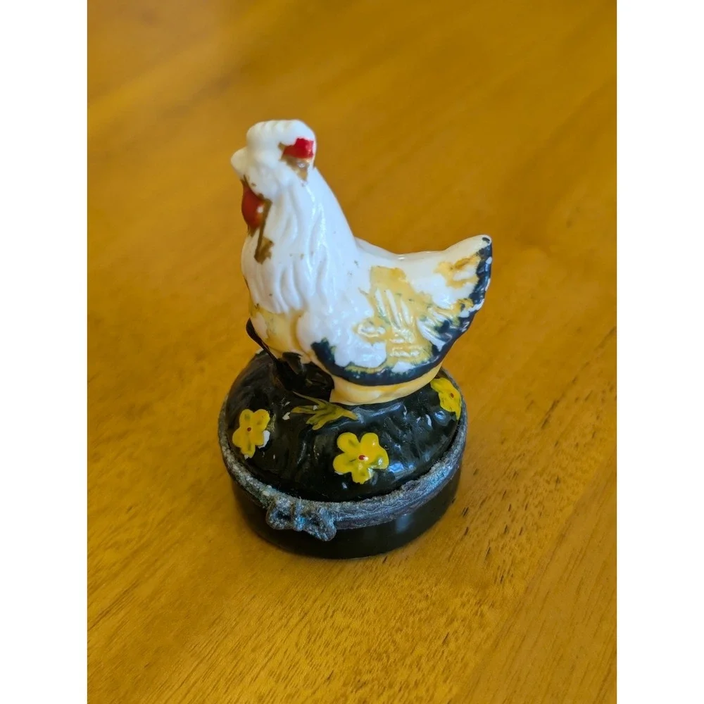 Vintage Ceramic Chicken Rooster Mini Hinged Lid Trinket Box with Chick Figurine